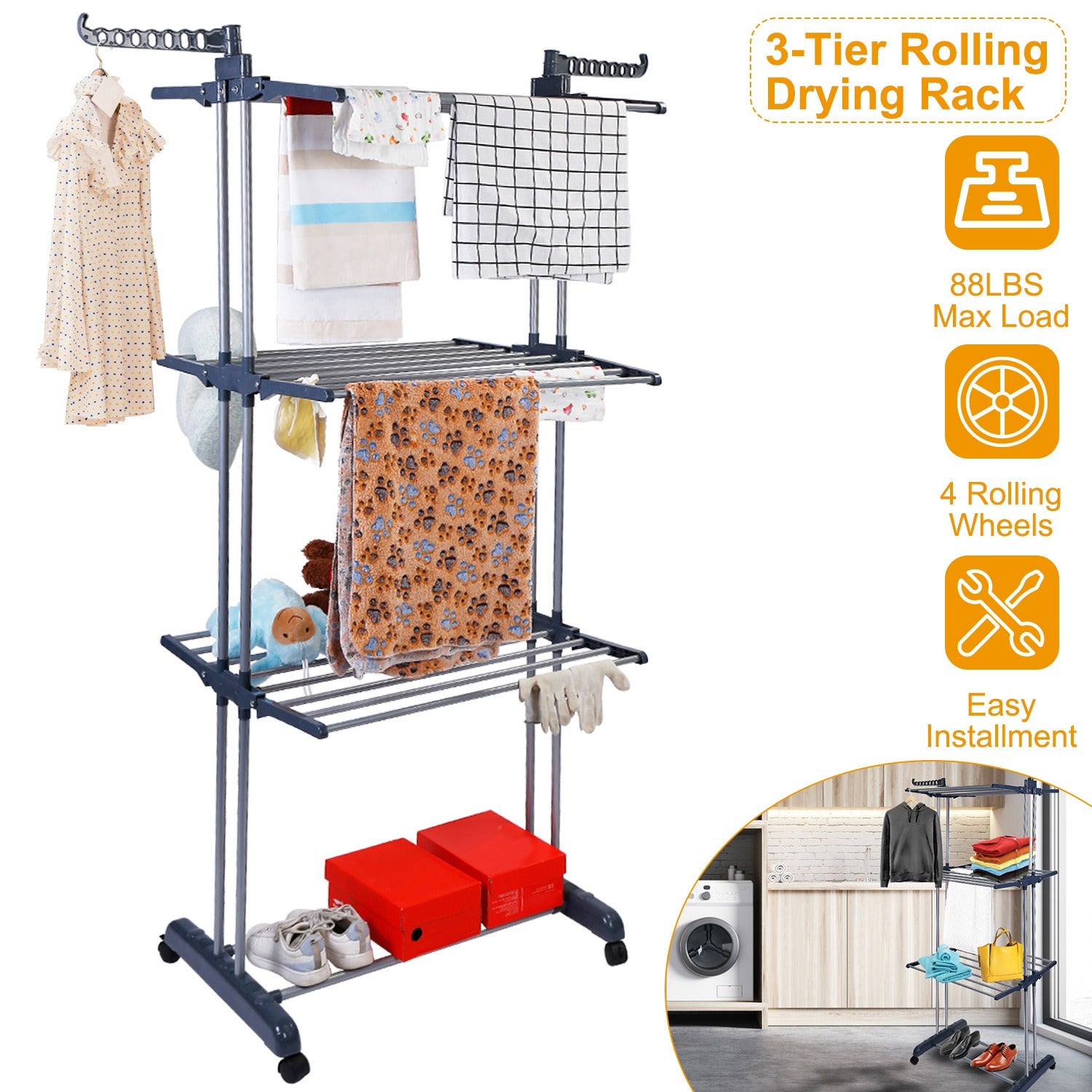 Heavy Duty 3-Tier Clothes Drying Rack with Wheels & Side Wings