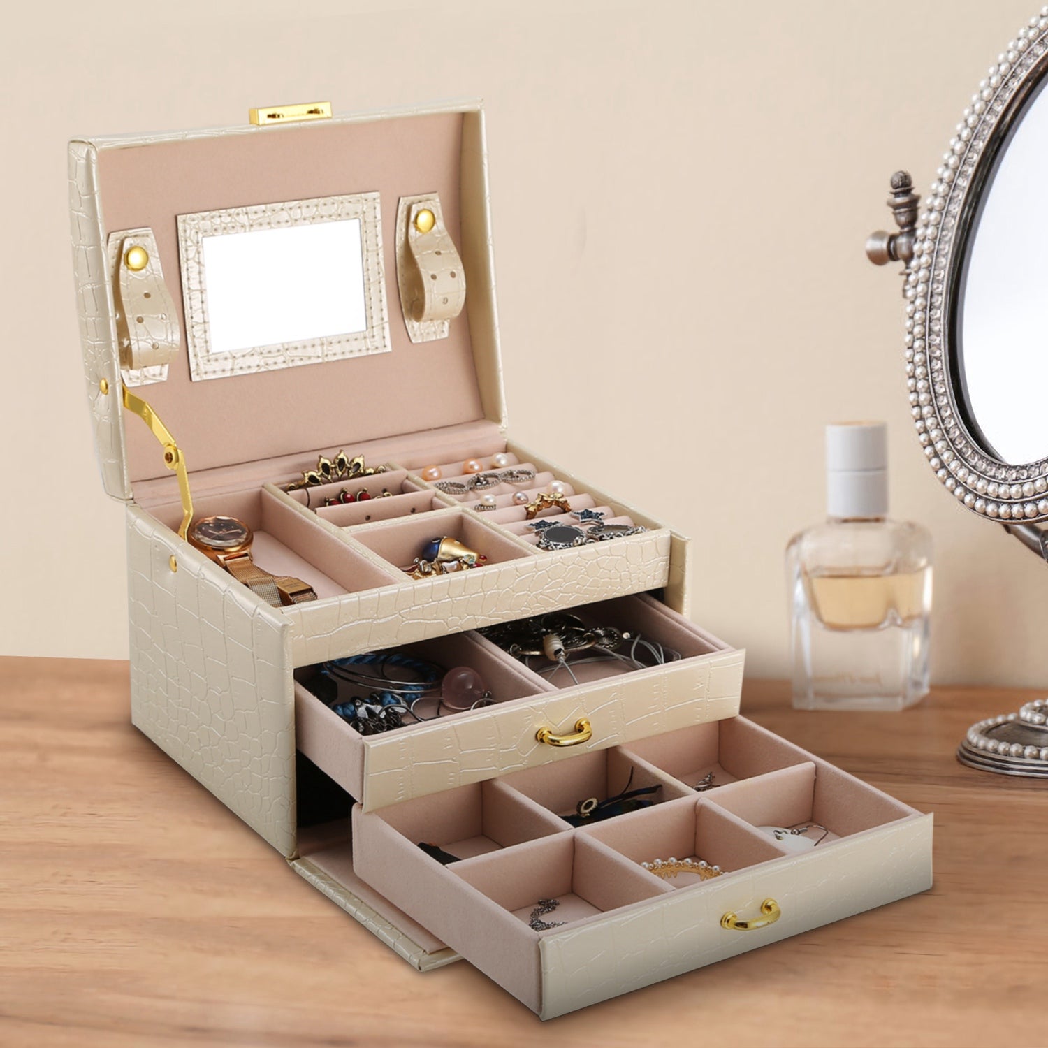 3 Layer Lockable Jewelry Case Organizer Travel Storage Box