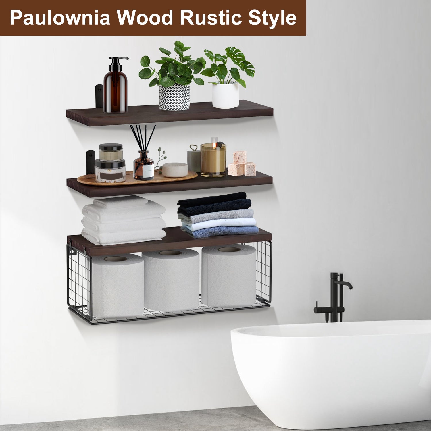 2-in-1 Rustic Floating Shelves with Storage Basket Wall Mounted