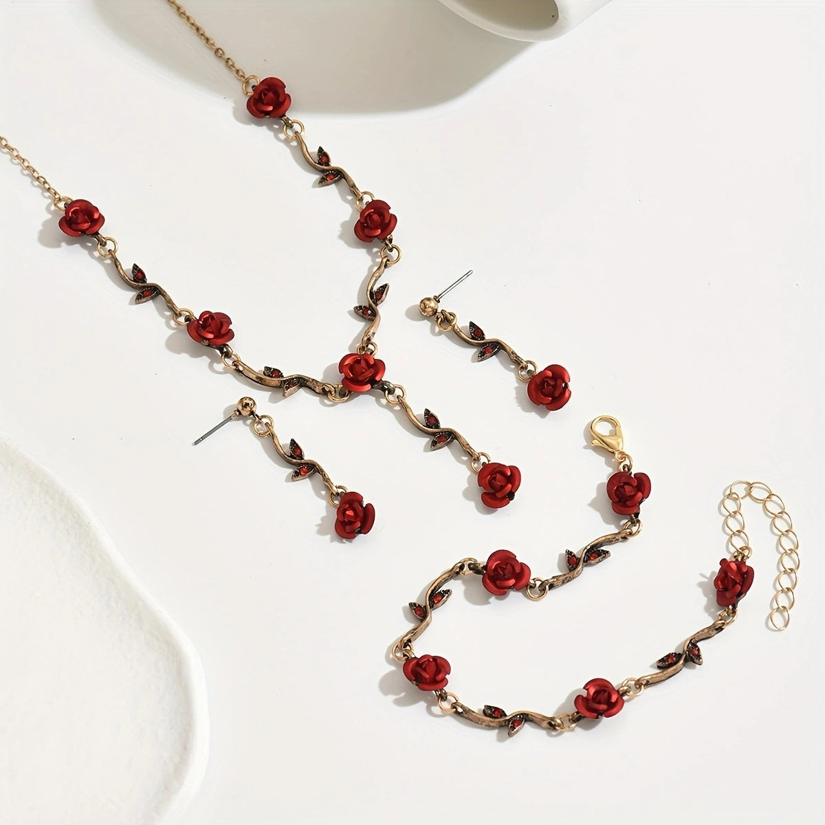 Luxury Romantic Red Rose Jewelry Set Handmade Bridal Elegance