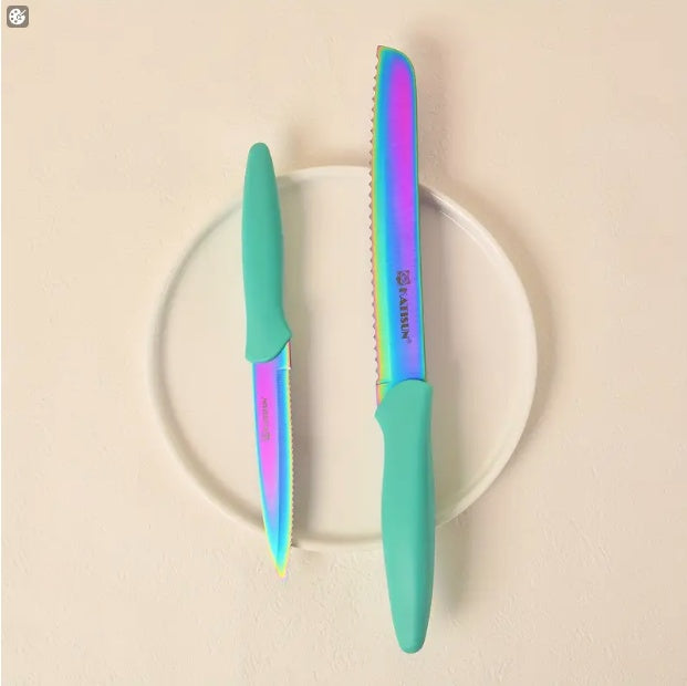 14 Piece Rainbow Knife Set Titanium Coated Stainless Steel with Stand