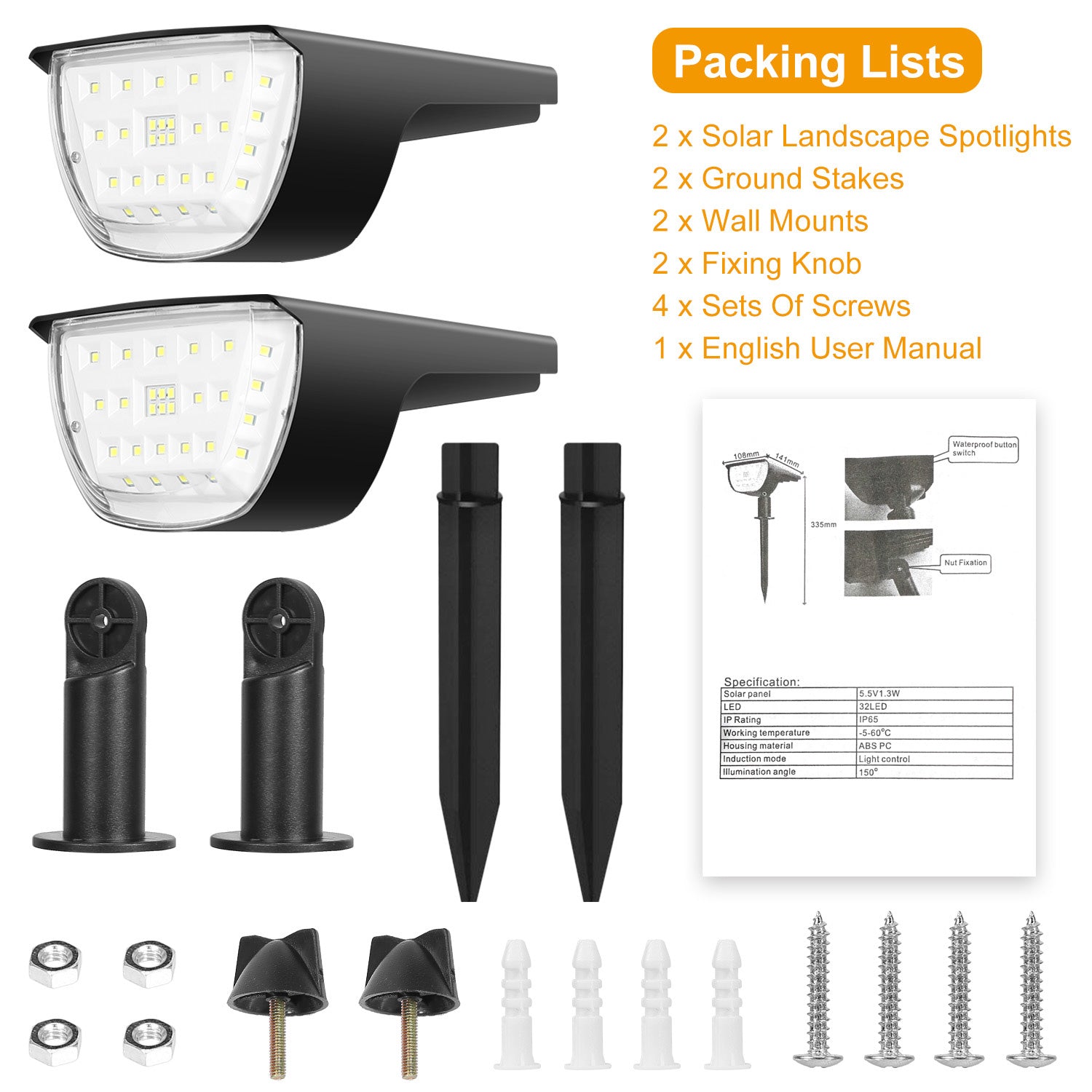 Ultra-Bright Solar Landscape Spotlights 32 LED Waterproof 2 Pack
