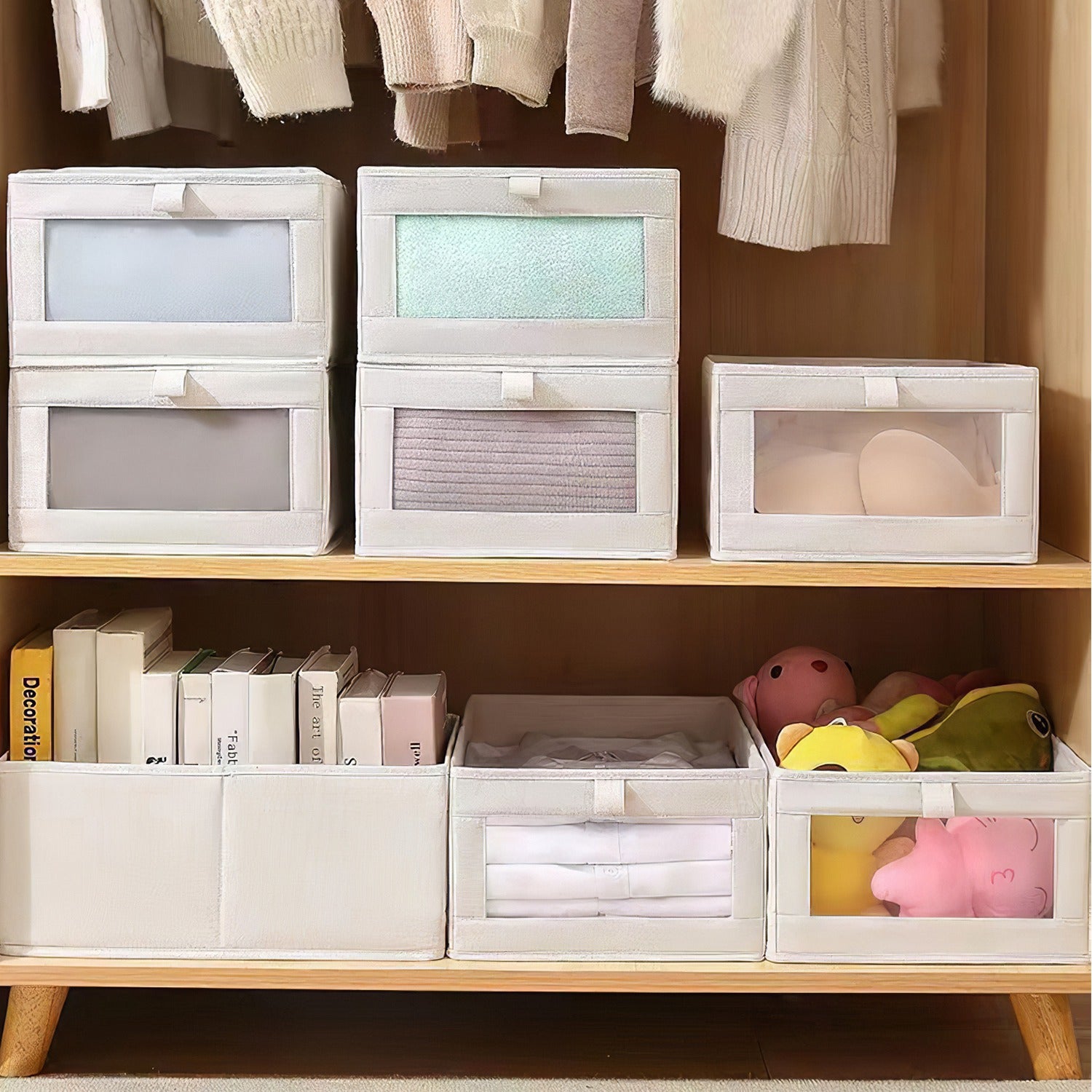 4Pcs Foldable Linen Storage Bins with Clear Window Closet Organizer