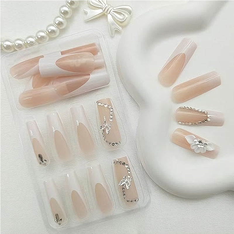 24 PCS White Flower Butterfly Long Fake Nails