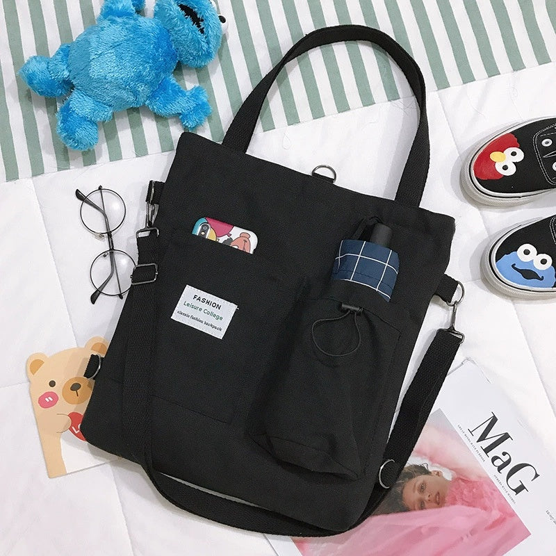 Canvas Student Shoulder Bag with Pockets Preppy Backpack Style School Bag for Women