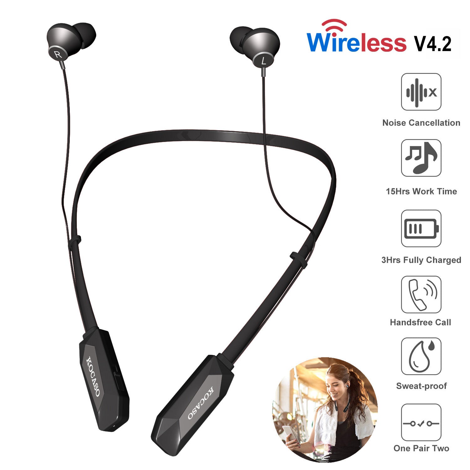 Wireless Neckband Headphones V4.2 Sweatproof Sports Earbuds