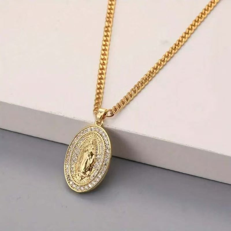 Vintage Virgin Mary Necklace Zircon Faith Pendant Gift