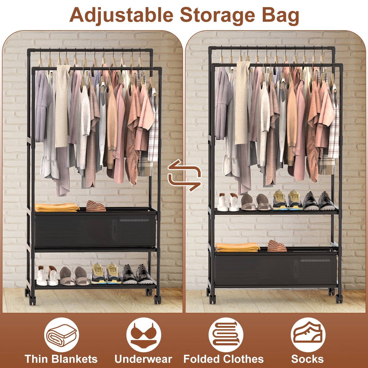 Adjustable Double Rod Garment Rack with Shelves & Wheels