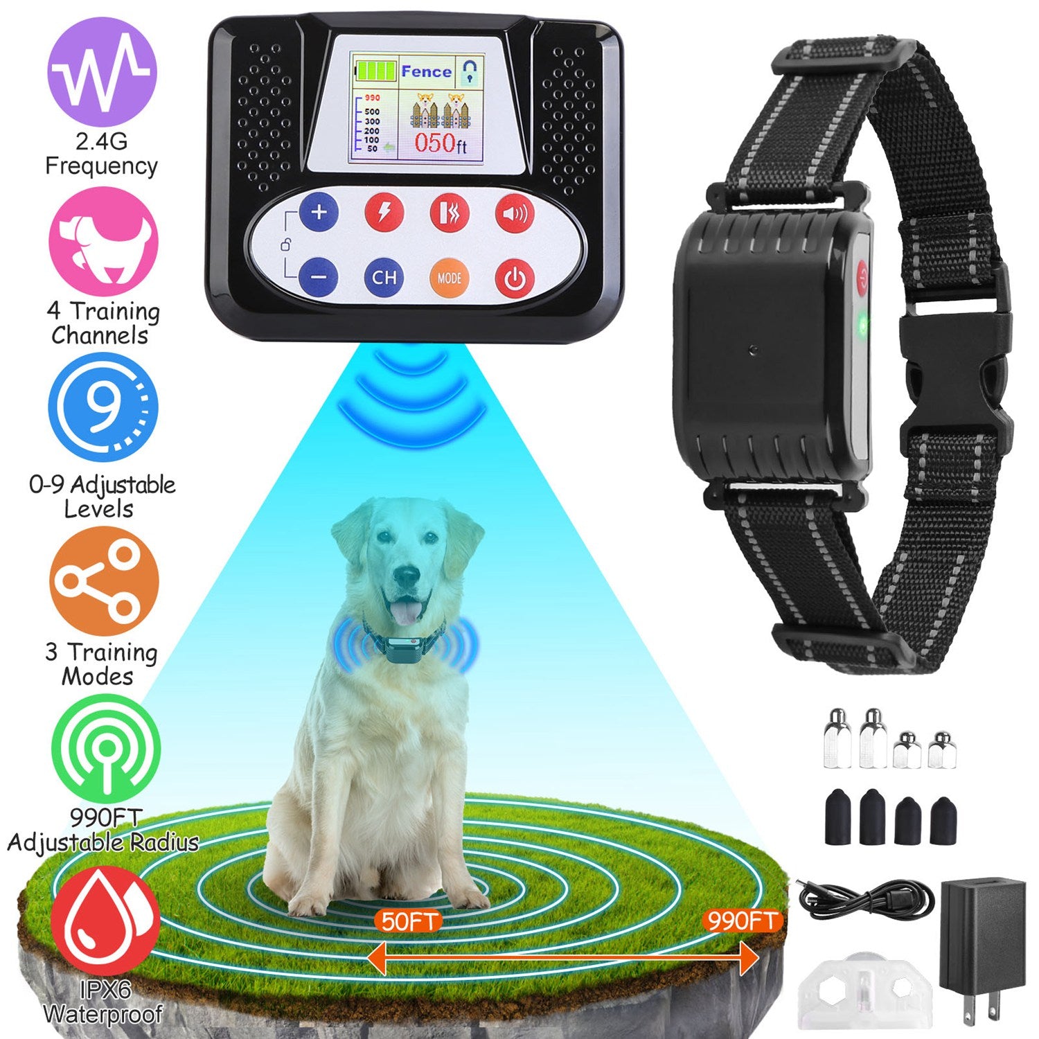 Wireless Dog Fence Training Collar System with 990FT Range Control
