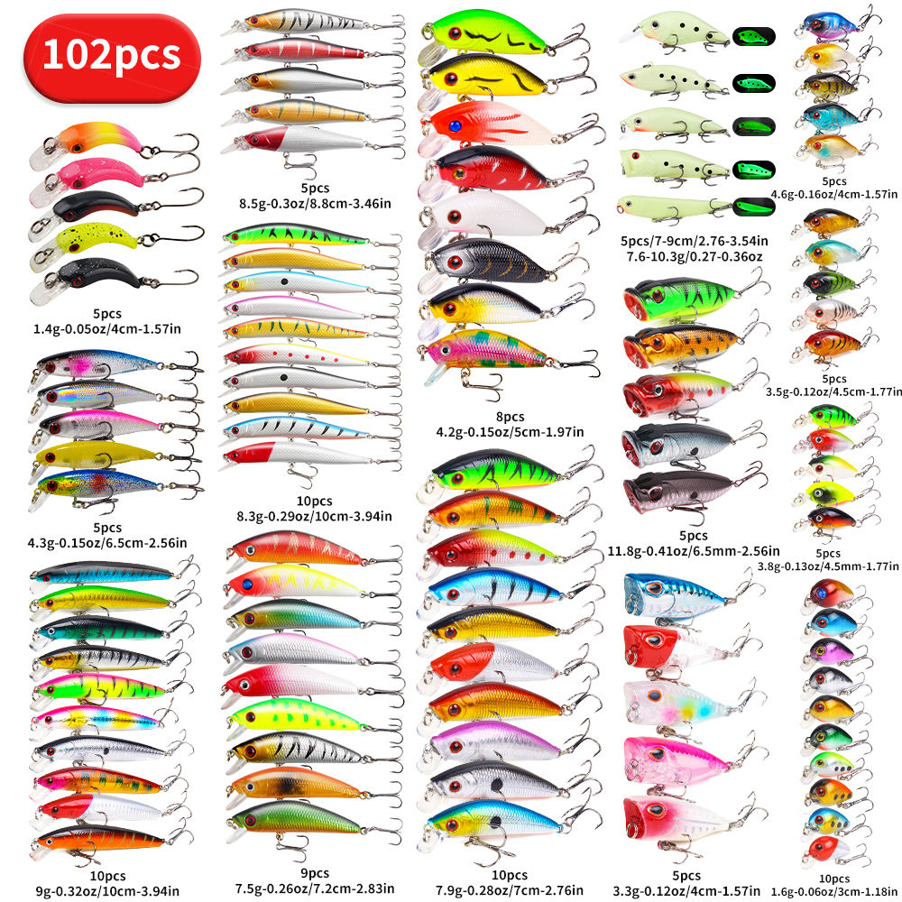 22/58/102pcs Fishing Lure Kit Topwater Floating Bass Set
