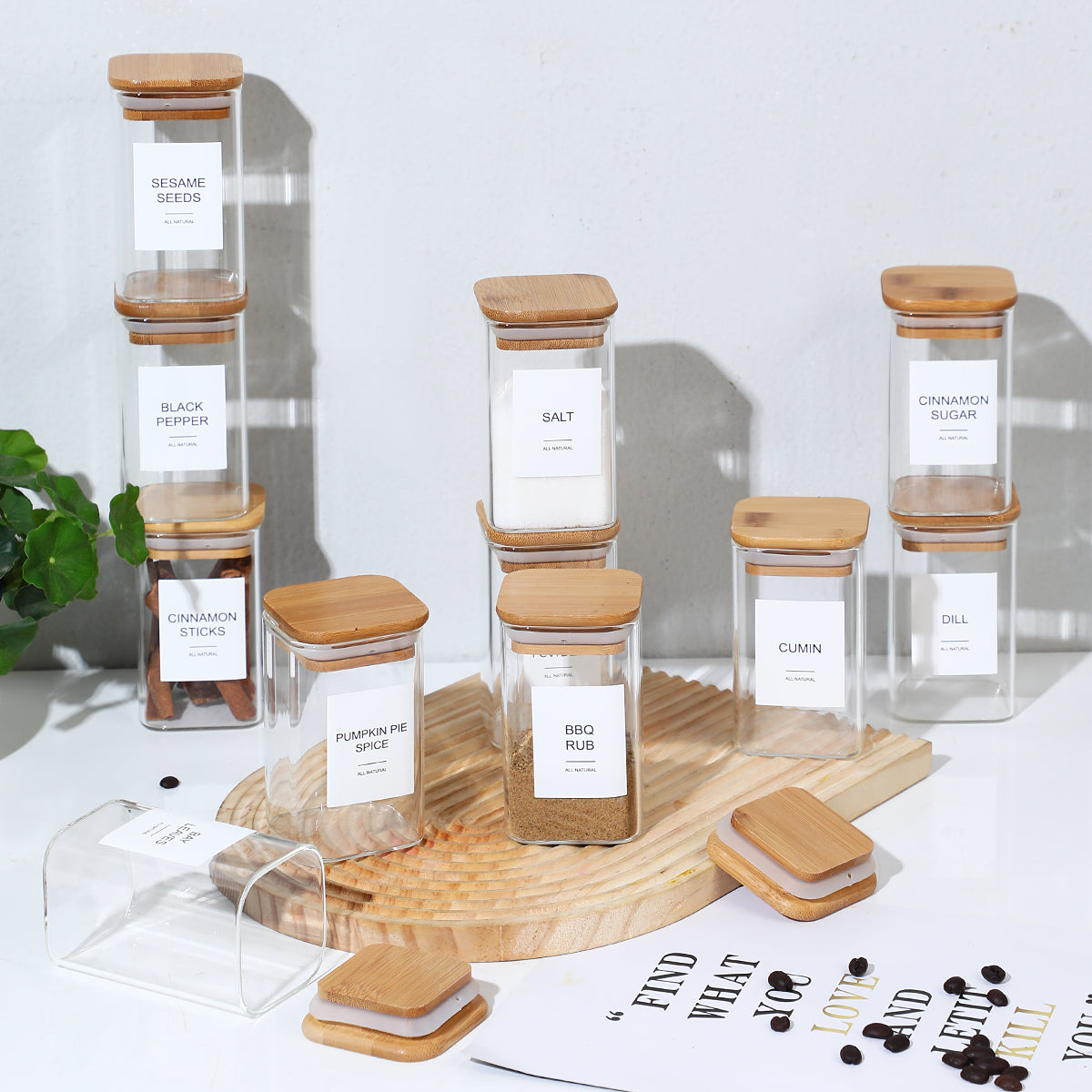 12 Pcs Square Spice Jars with 72 Labels