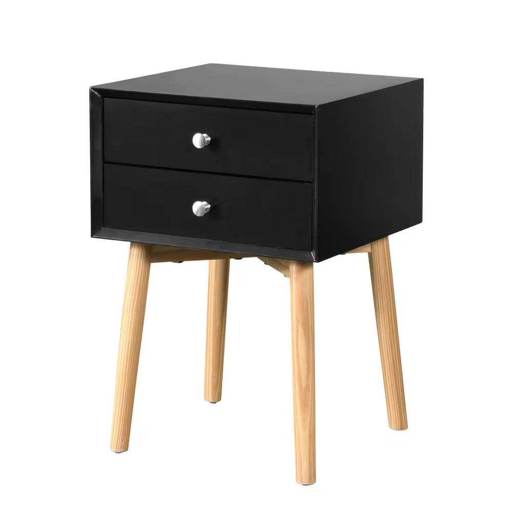 Modern Bedside Table with 2 Drawers & Solid Wood Legs Storage