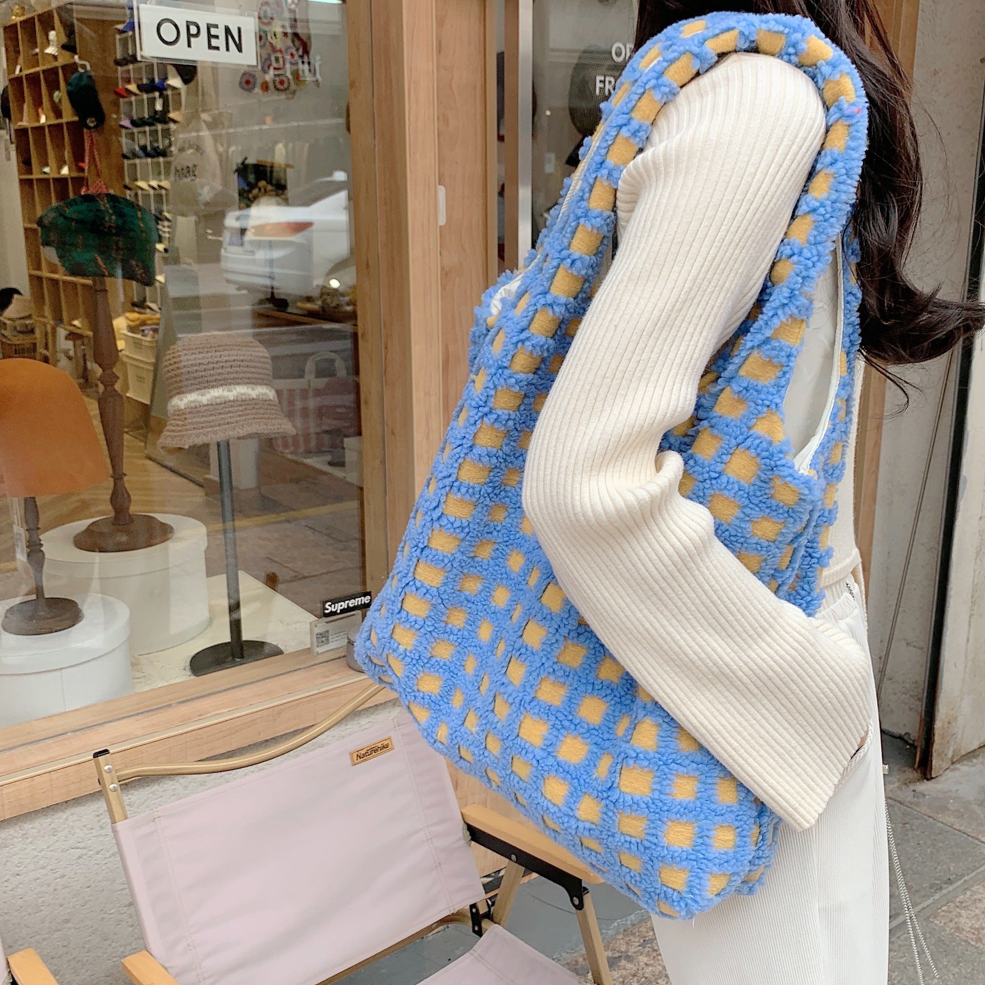 Large Capacity Waffle Flannel Tote Bag Minimalist Student Commute Style