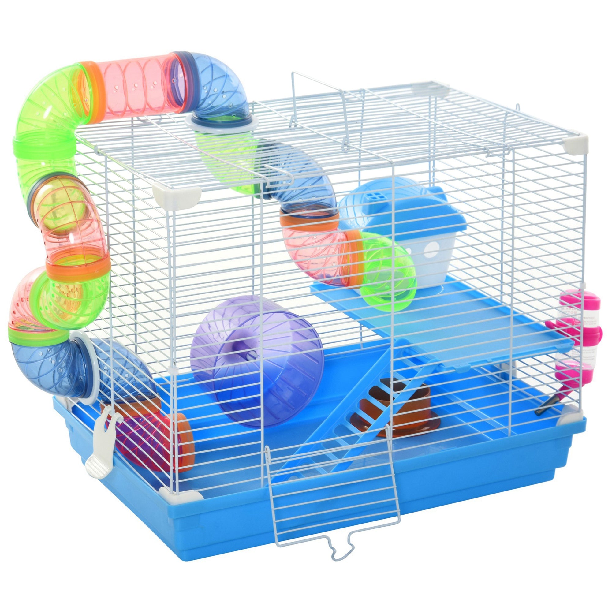 2-Level Hamster Cage with Exercise Wheel & Play Tubes – Small Animal Habitat for Rodents