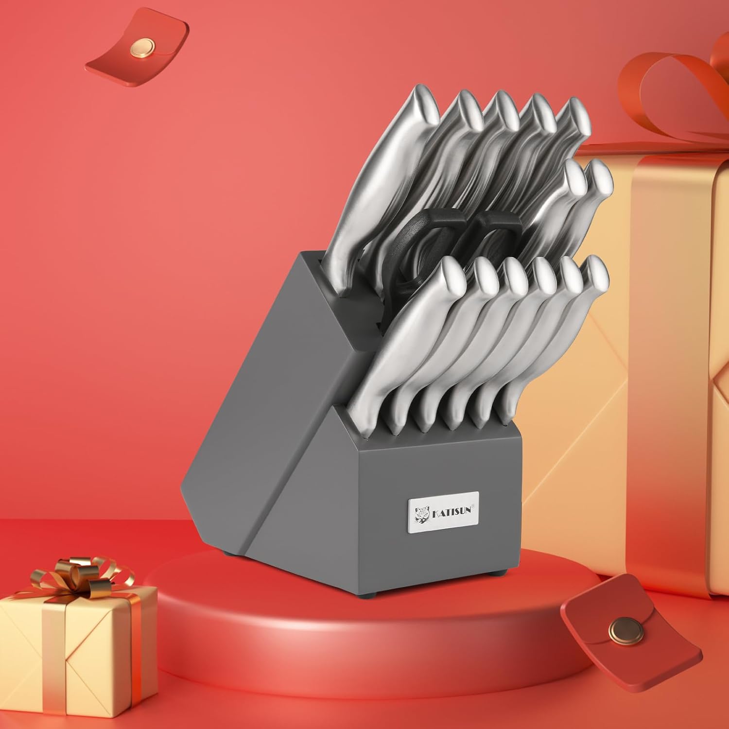 15 Piece Kitchen Knife Set with Block Ergonomic Handle Chef Set