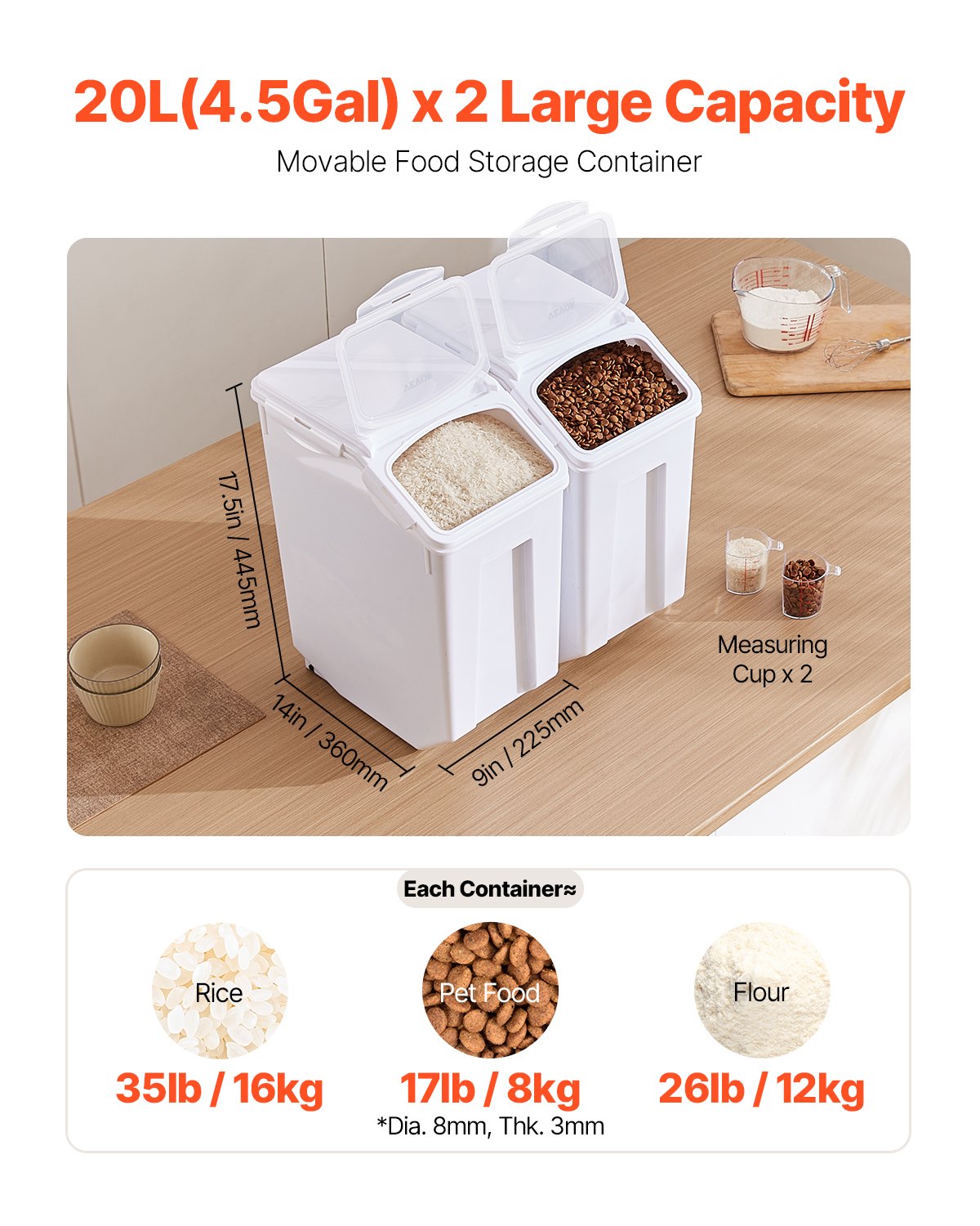 2 Pack 20L Airtight Flour Storage Containers Large Kitchen Bin