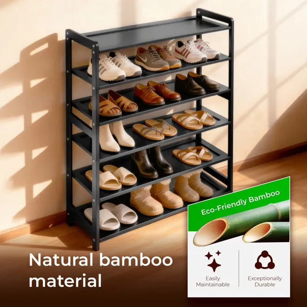 6 Layer Bamboo Shoe Rack Black 68x25x89cm Storage Shelf