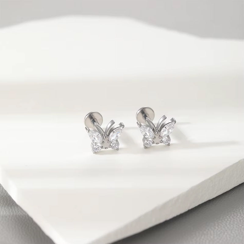 Butterfly Zircon Stud Earrings Titanium Floral Crystal Jewelry