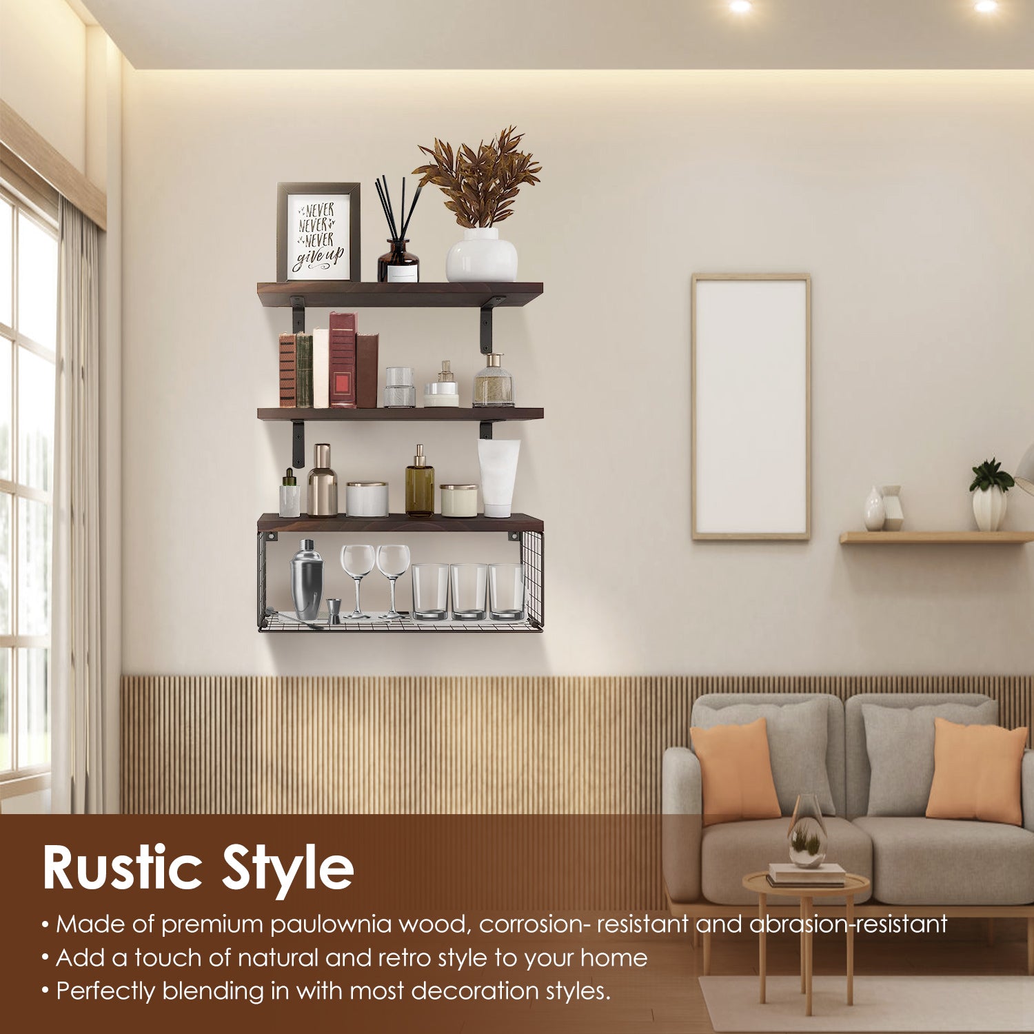 2-in-1 Rustic Floating Shelves with Storage Basket Wall Mounted