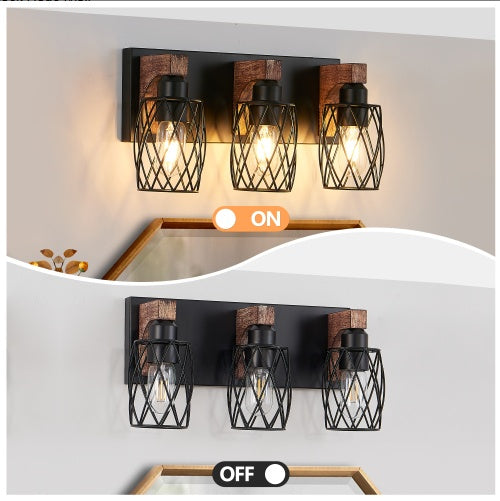 Industrial Vintage Wall Sconce 3 Light Black Cage Wood Accent