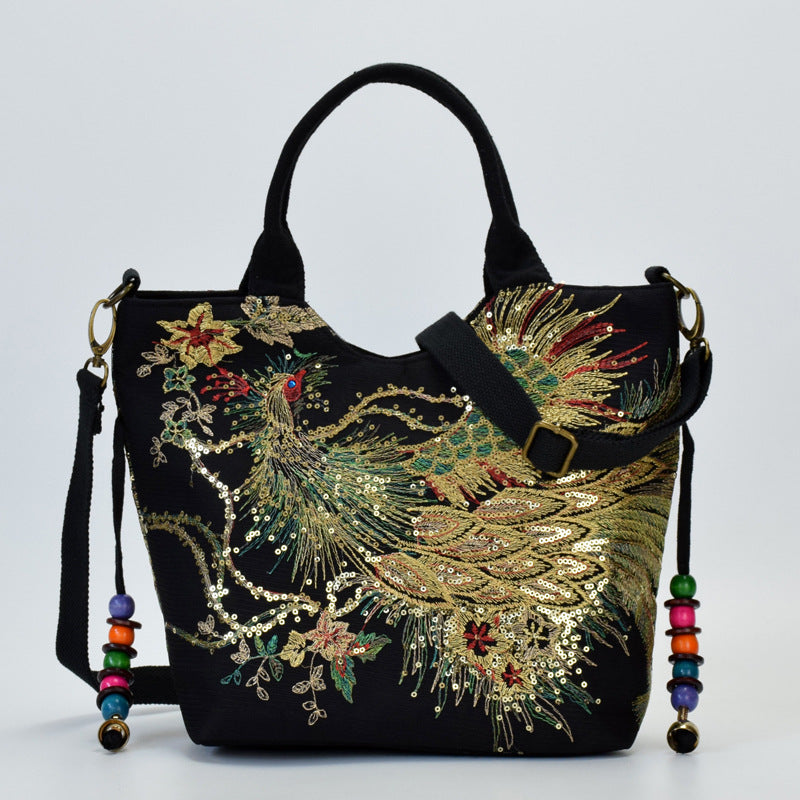 Canvas Peacock Embroidery Small Handbag Elegant Ethnic Style Shoulder Bag