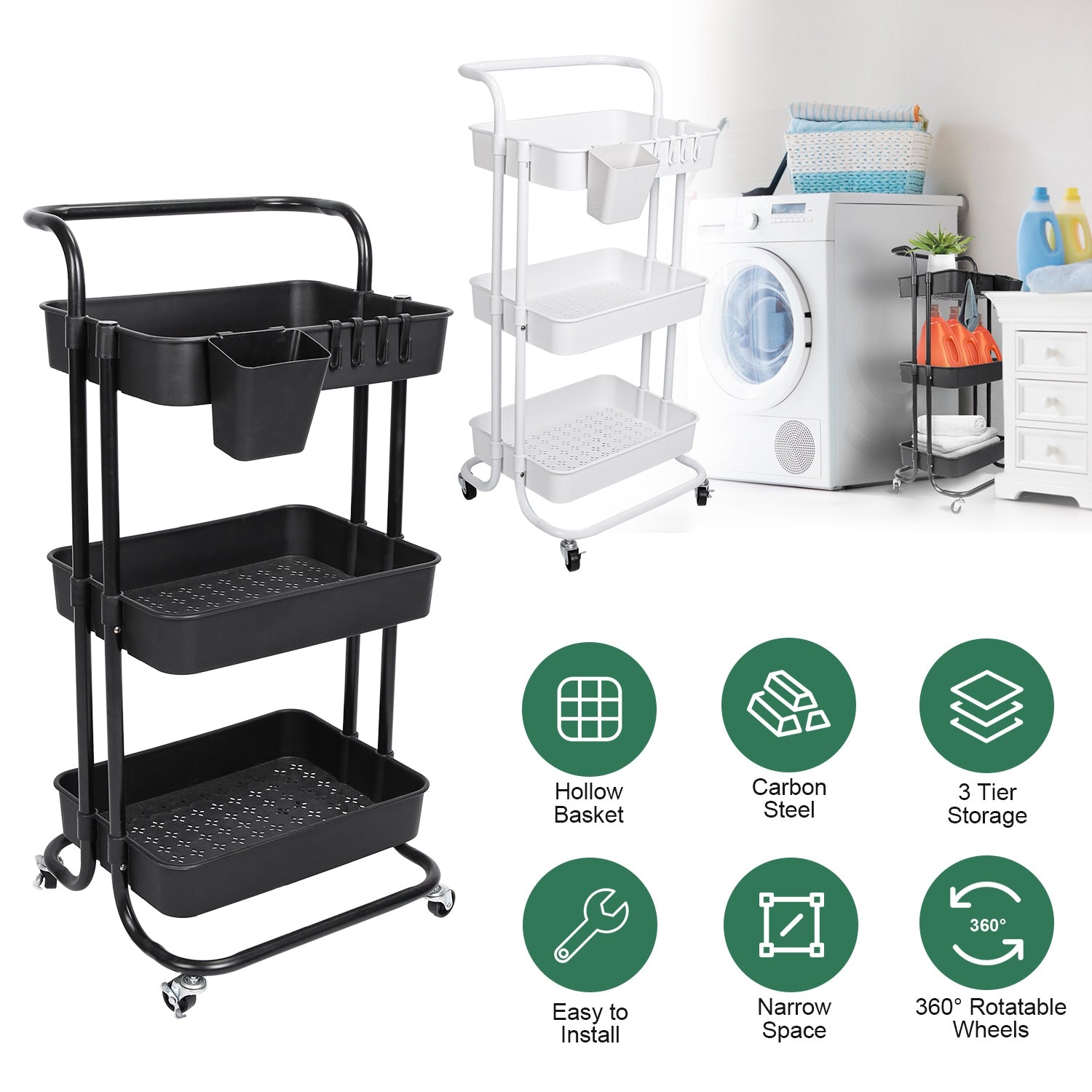 3 Tier Rolling Utility Cart with Mesh Baskets
