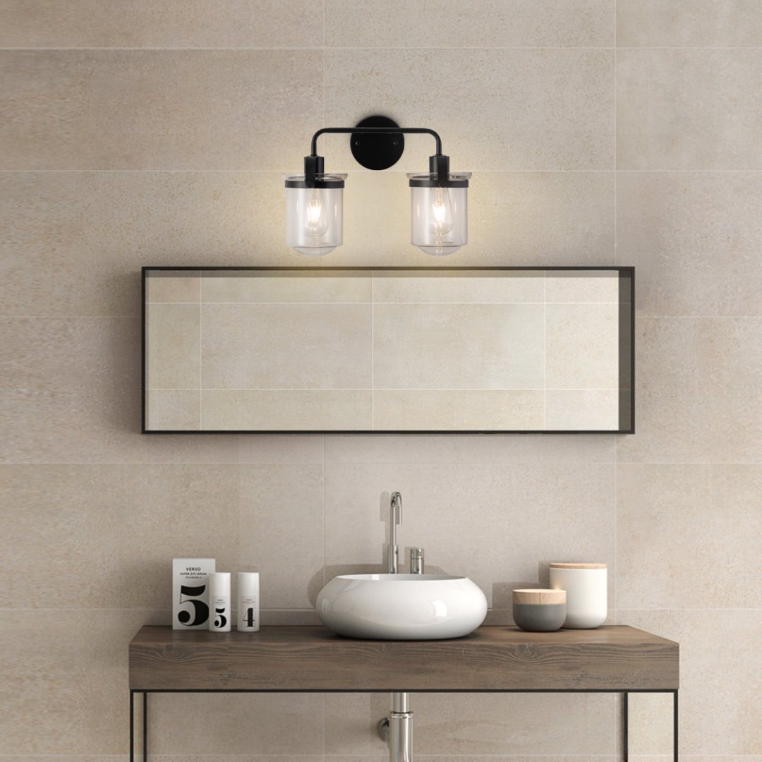 Modern Wall Sconce 2-Light Clear Glass Shade E26 Black Fixture