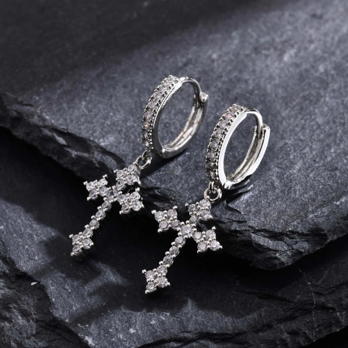 Luxury Zircon Cross Dangle Hoop Earrings for Men Stylish