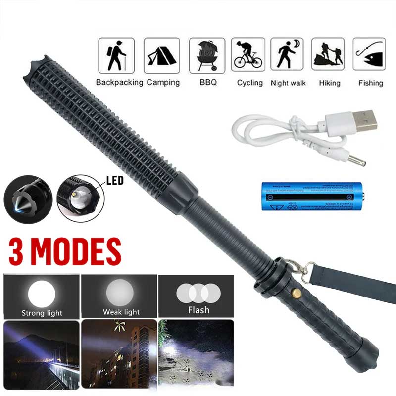 Heavy Duty Zoom Flashlight Emergency Hammer Rechargeable Torch