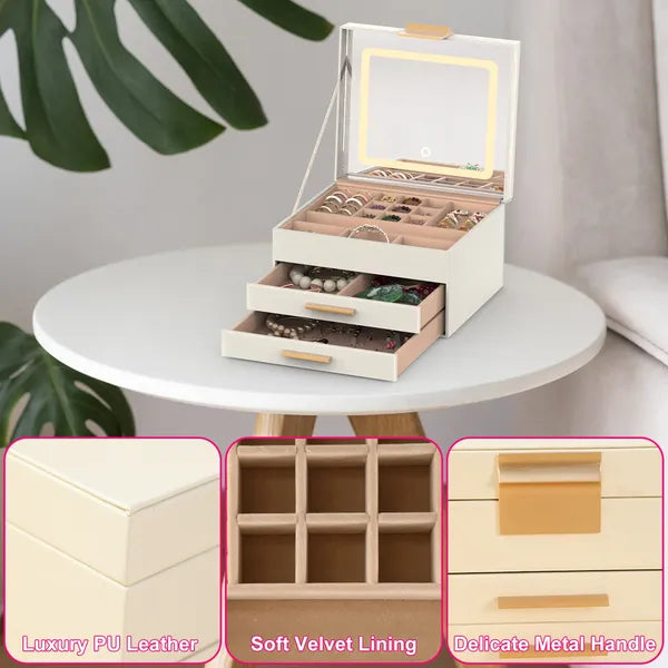 Jewelry Box with LED Mirror and 3 Layer Organizer