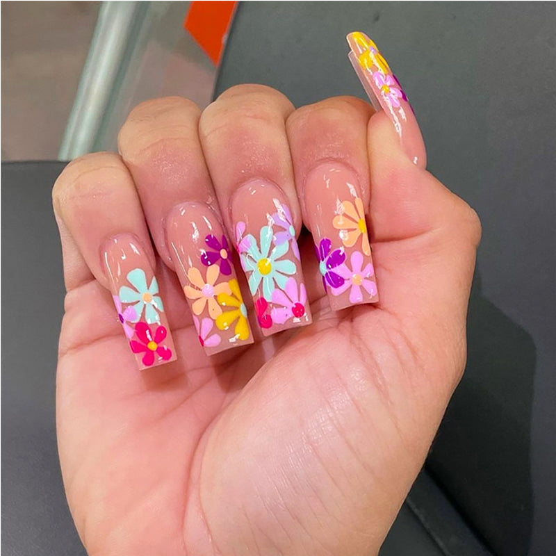 24PCS Long Flat Flower Square Press On Fake Nails