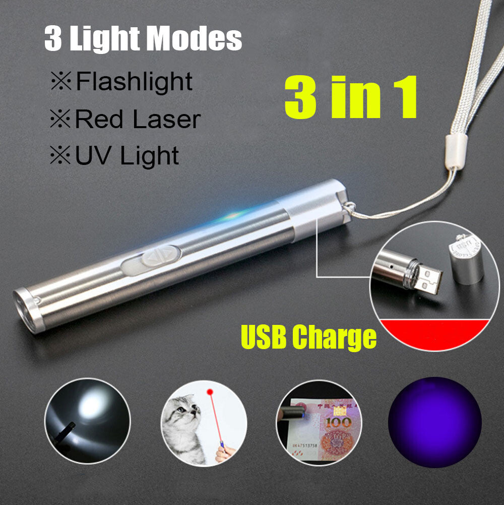 3-in-1 Laser Pointer USB Rechargeable UV Flashlight Pet Toy