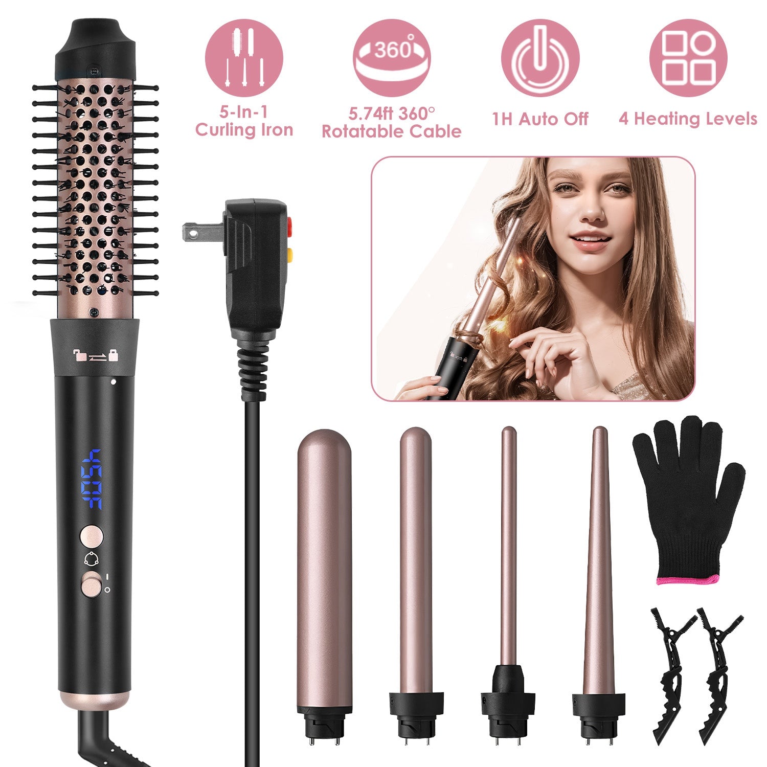 5-in-1 Curling Wand Set with Interchangeable Barrels & Heat
