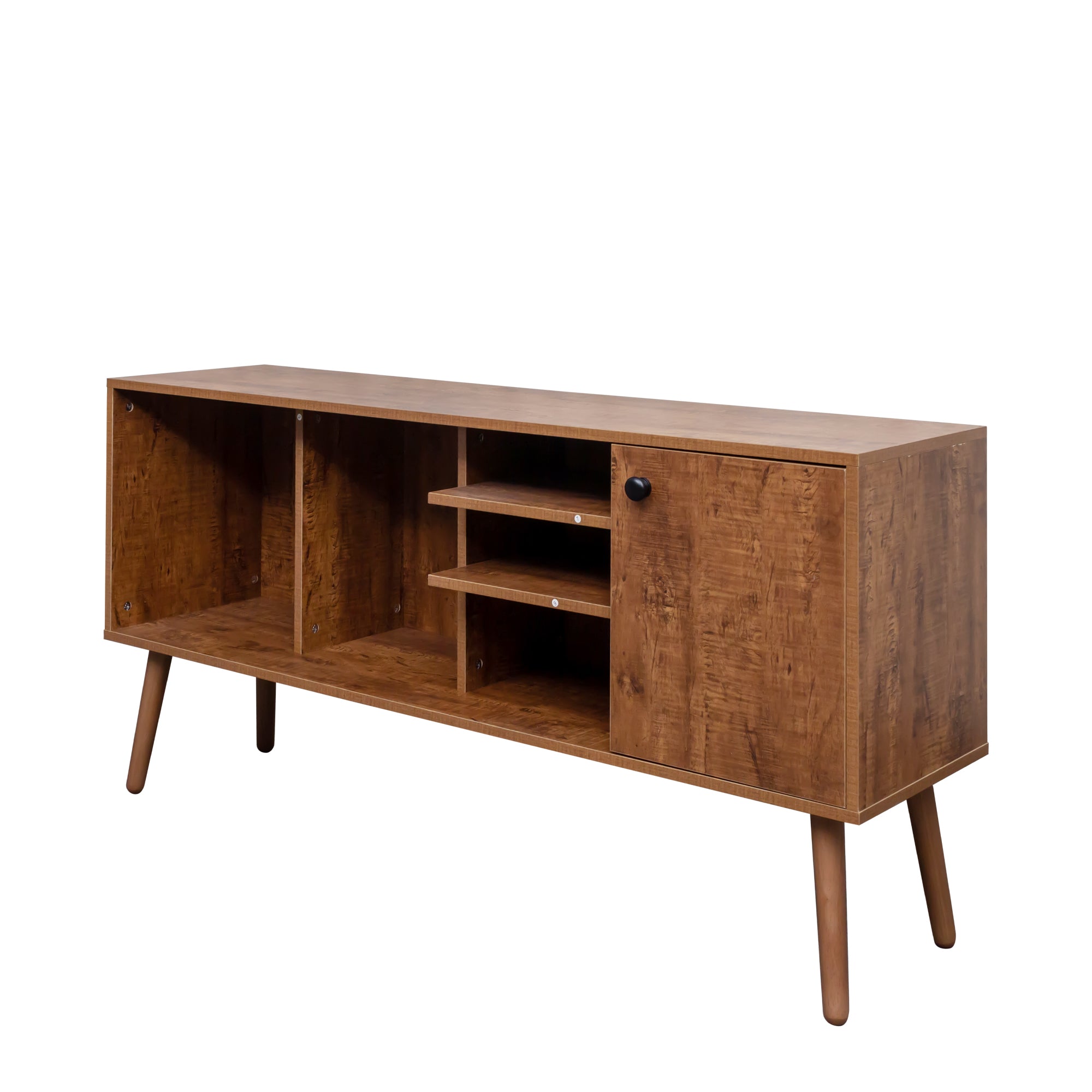 Walnut TV Stand Cabinet with Storage & 3 Open Shelves Unit