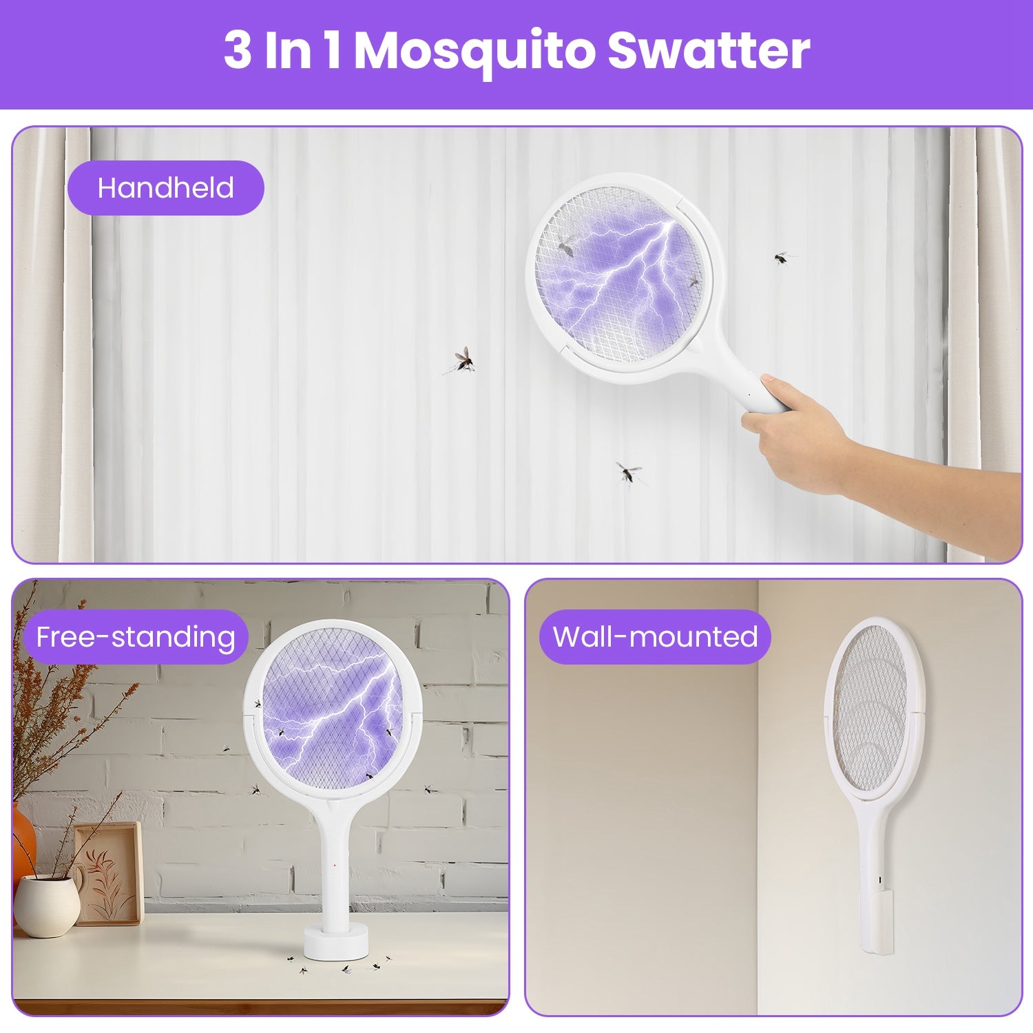3 in 1 Electric Bug Zapper Racket with Extension Wand