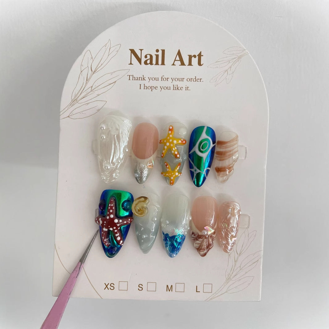 Hand-Painted Happy Underwater World White Long Manicure