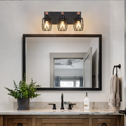 Industrial Vintage Wall Sconce 3 Light Black Cage Wood Accent