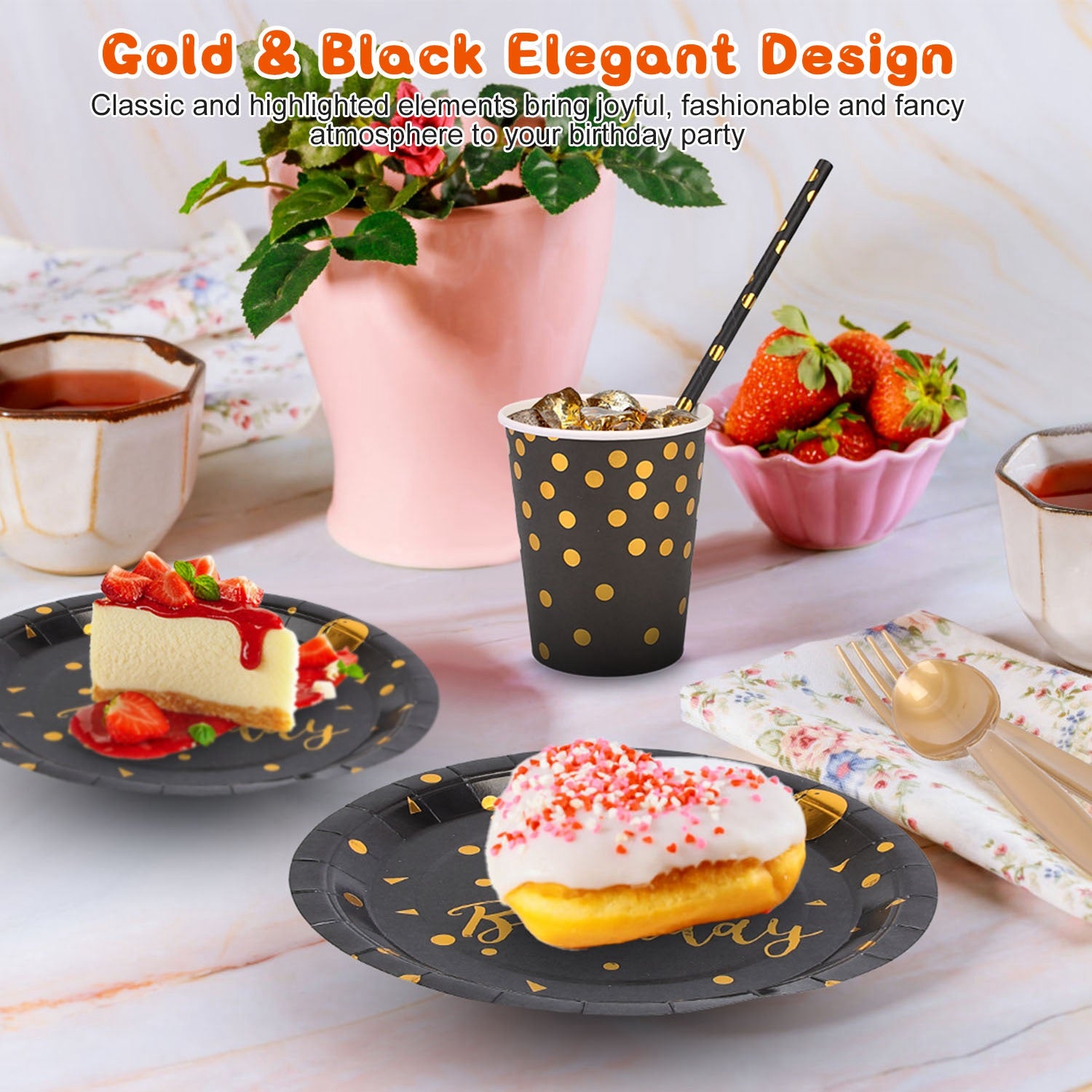 Black and Gold Birthday Party Dinnerware Set for 25 Guests