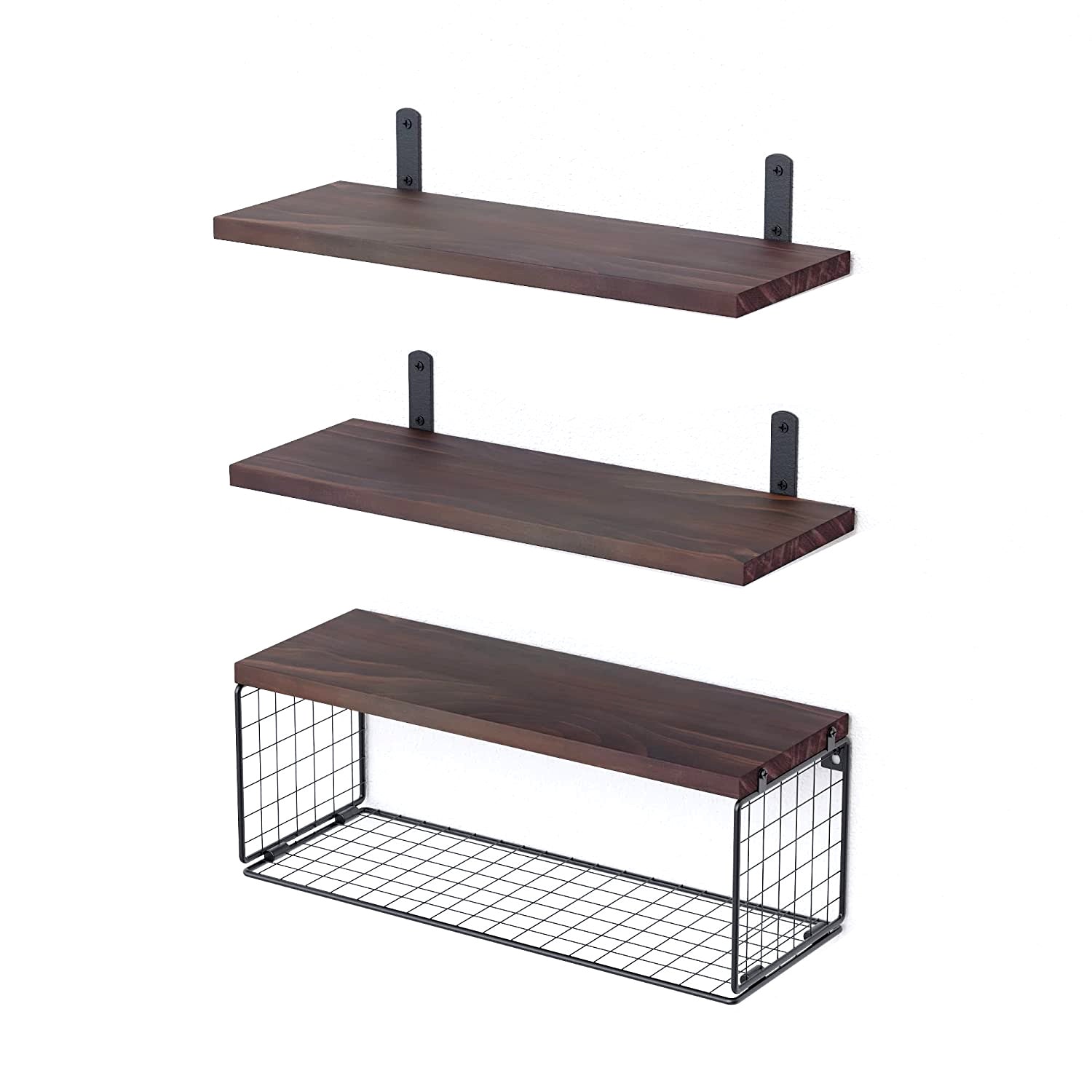 2-in-1 Rustic Floating Shelves with Storage Basket Wall Mounted