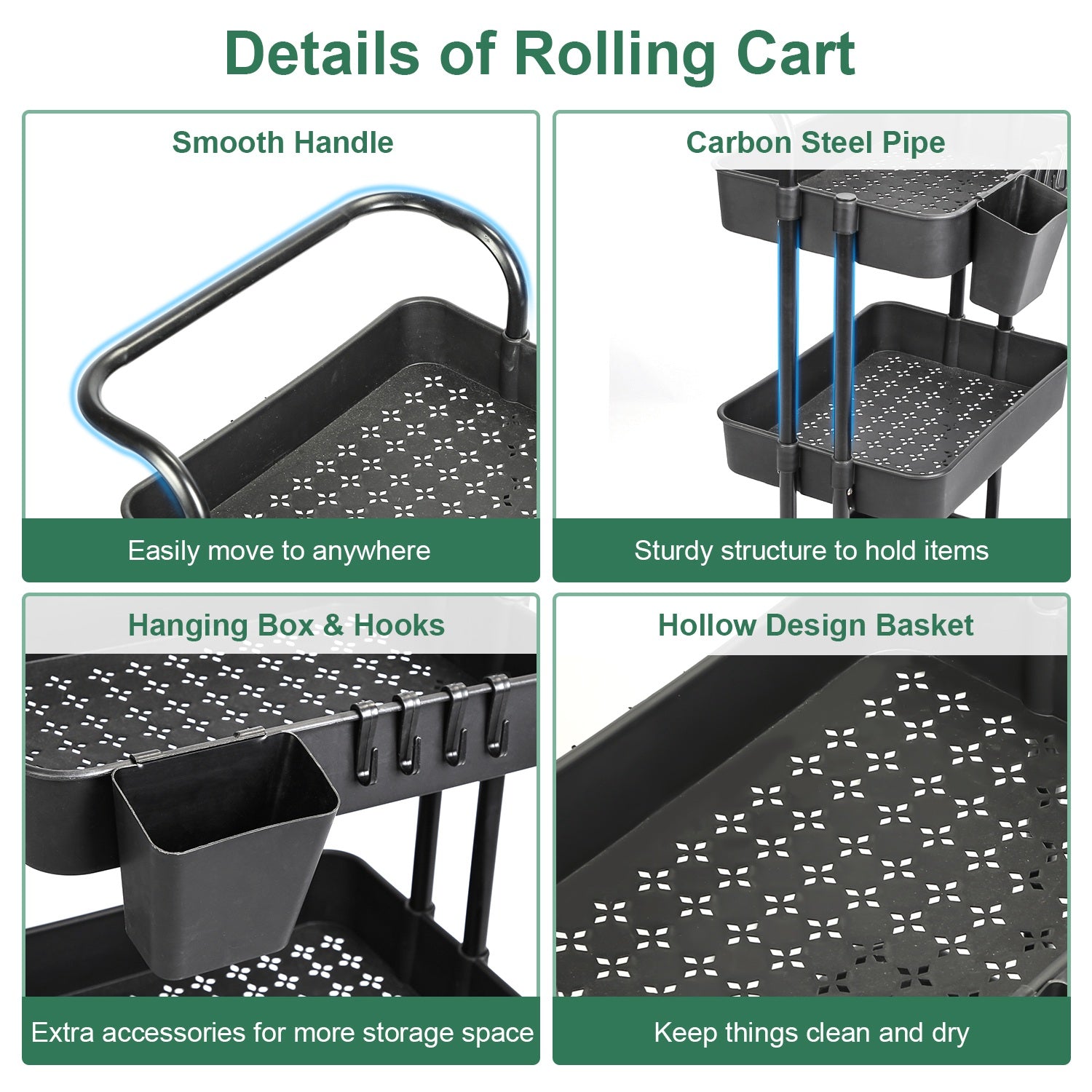 3 Tier Rolling Utility Cart with Mesh Baskets