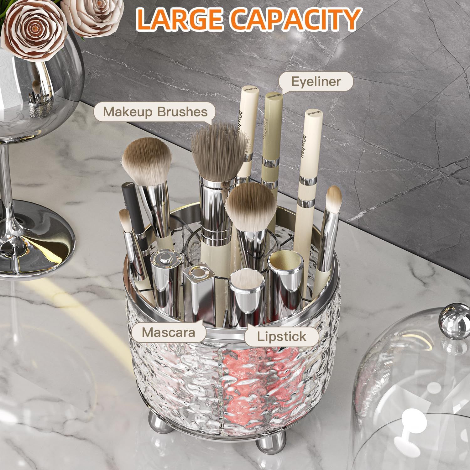 Large Capacity Makeup Brush Organizer Rotating Dustproof Holder