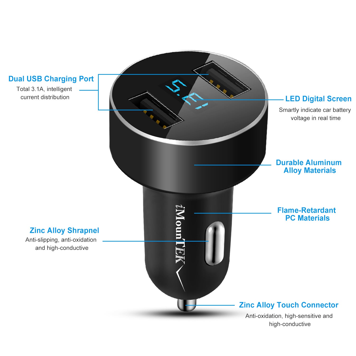 Dual USB Car Charger Fast Charging 3.1A Aluminum Adapter