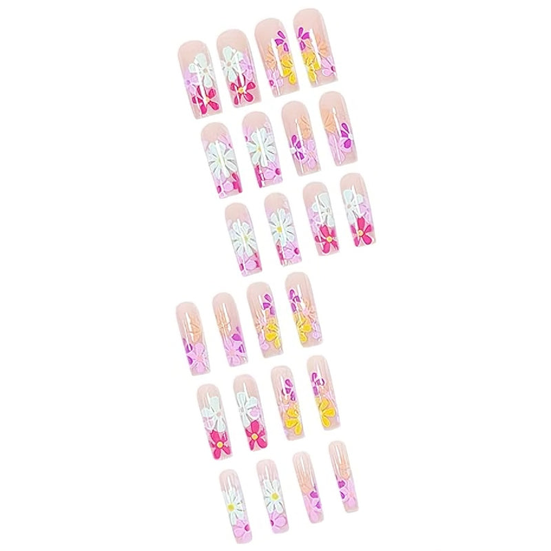 24PCS Long Flat Flower Square Press On Fake Nails