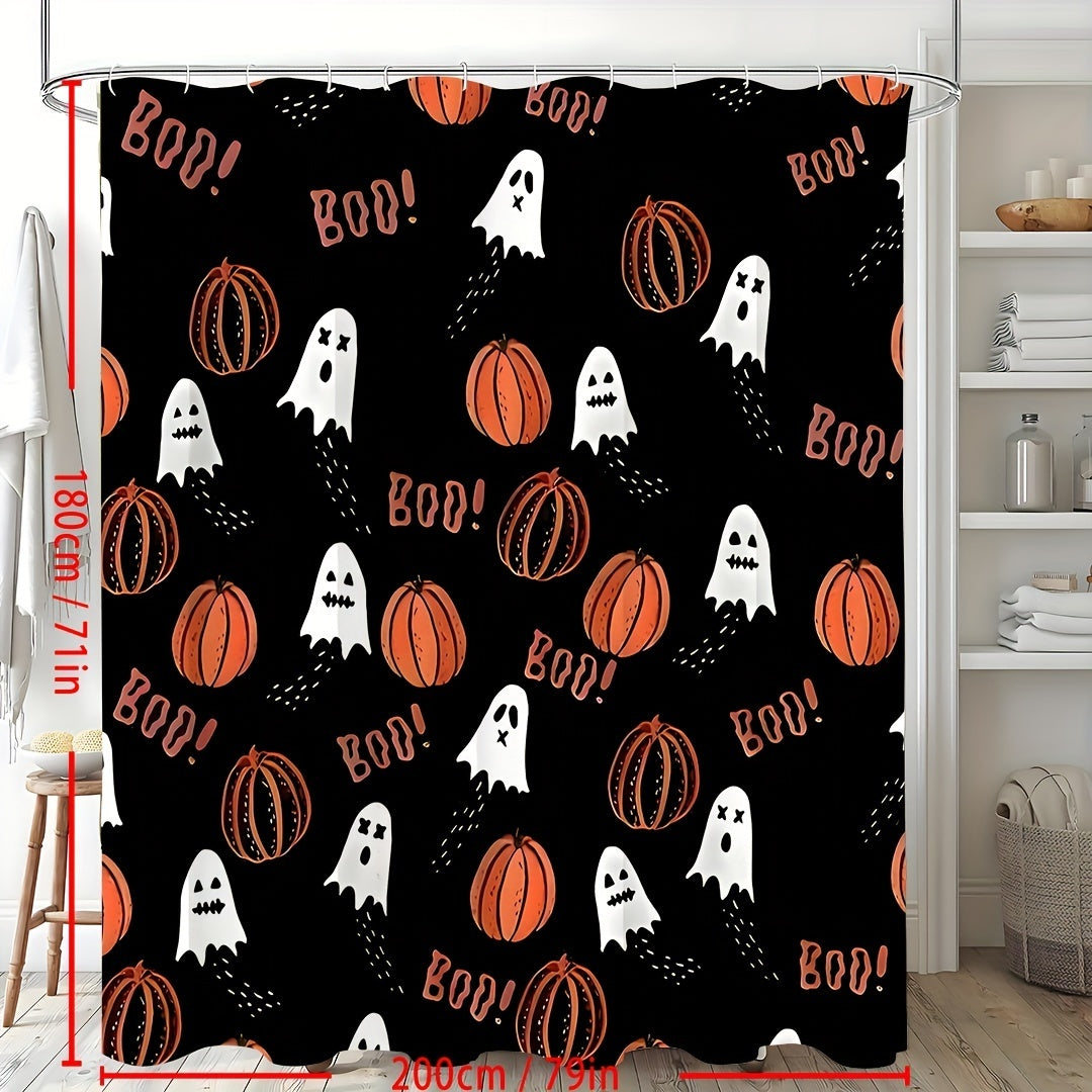 1PCS Halloween Cartoon Pumpkin Flower Print Shower Curtains Set, Waterproof Shower Curtain With Hooks, Bathroom Decor, Shower Curtain Sets For Bathrooms