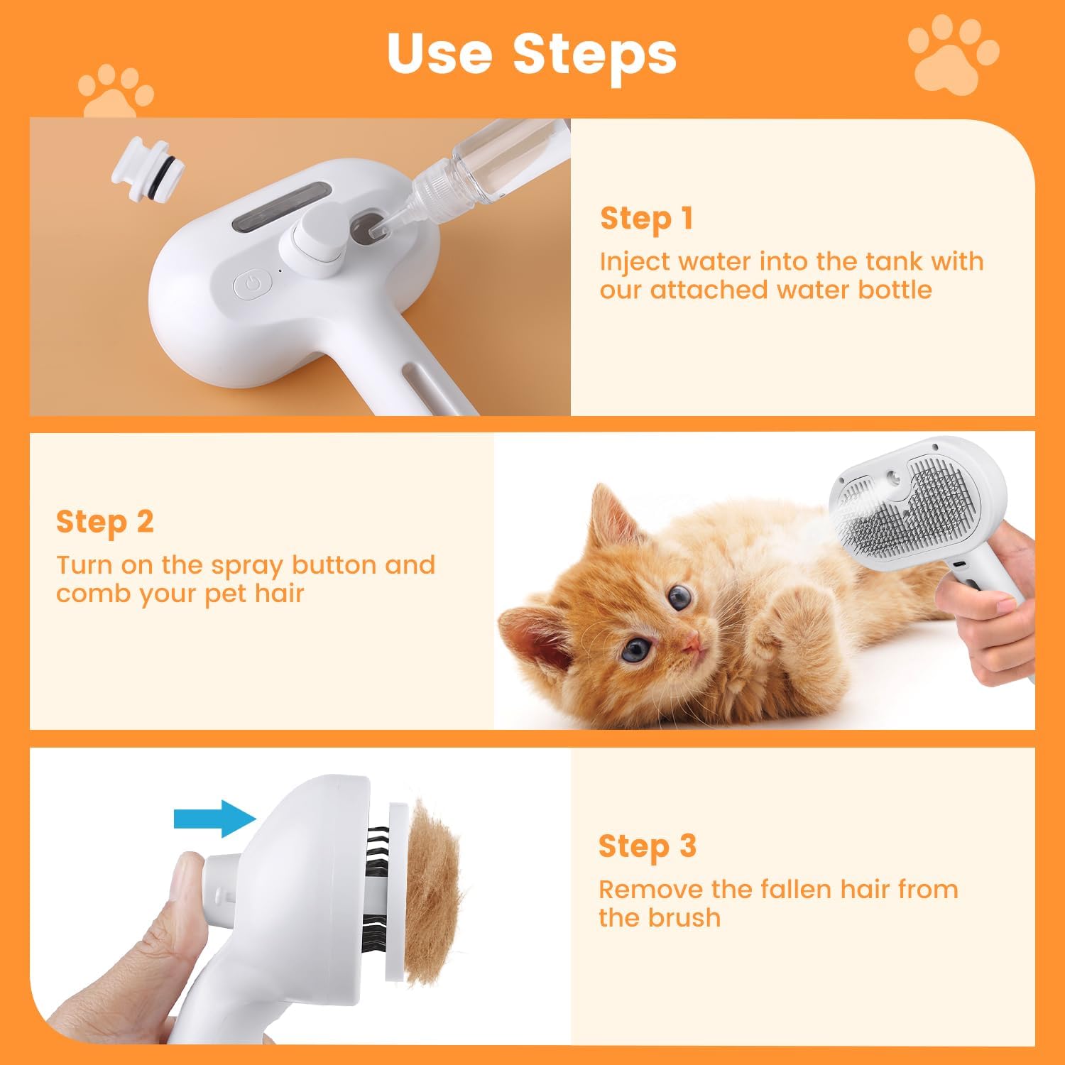Premium 3in1 Pet Steam Brush Spray Grooming Hair Removal Tool