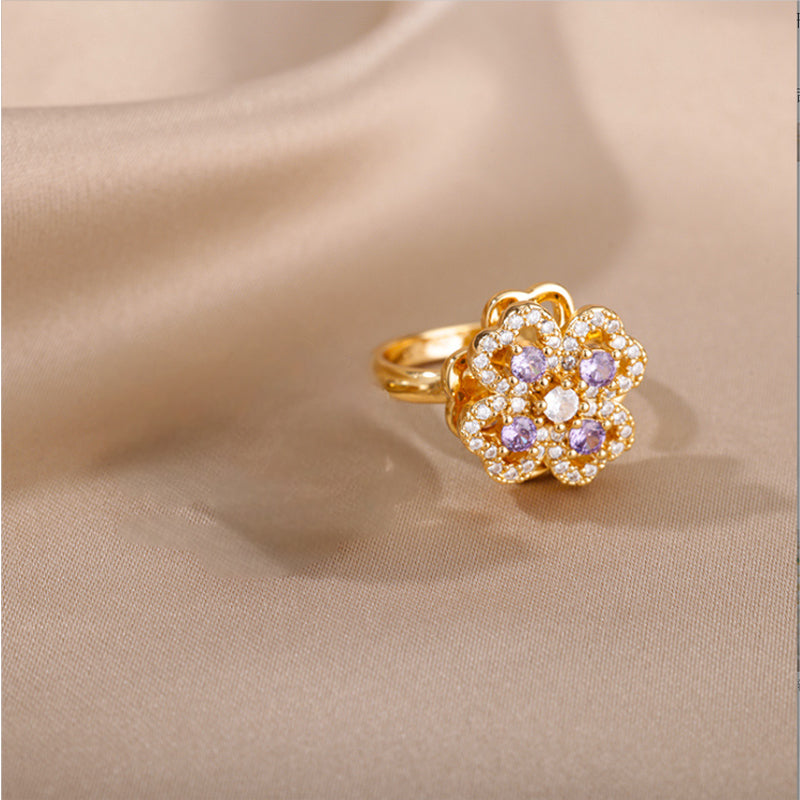 Luxury Clover Rotating Ring – Zircon Adjustable Lucky Jewelry