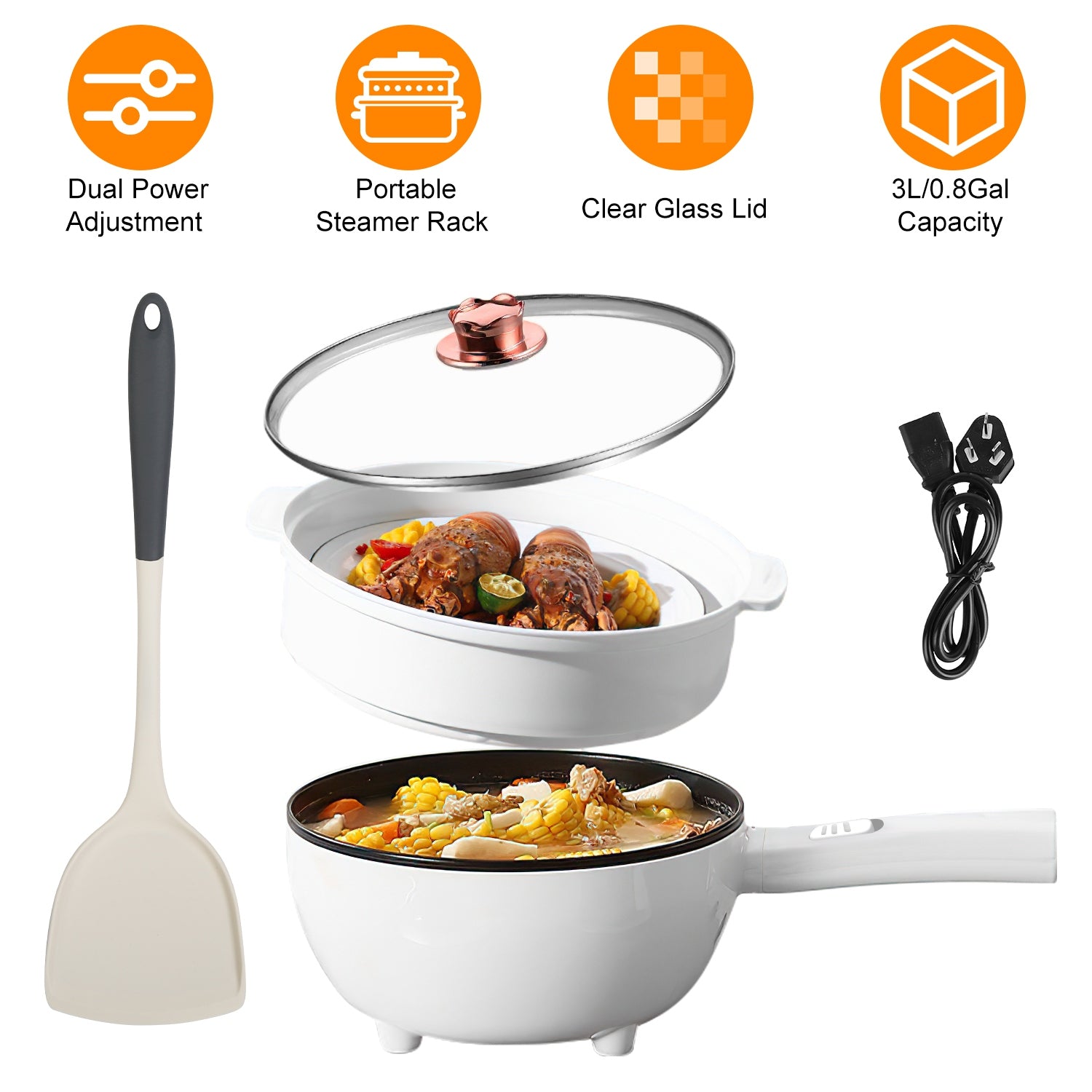 3L Electric Hot Pot with Steamer and Non Stick Coating