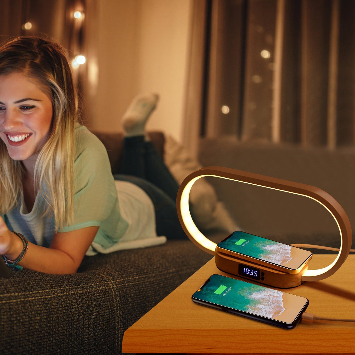 LED Touch Control Bedside Table Lamp with Clock Wireless Charger