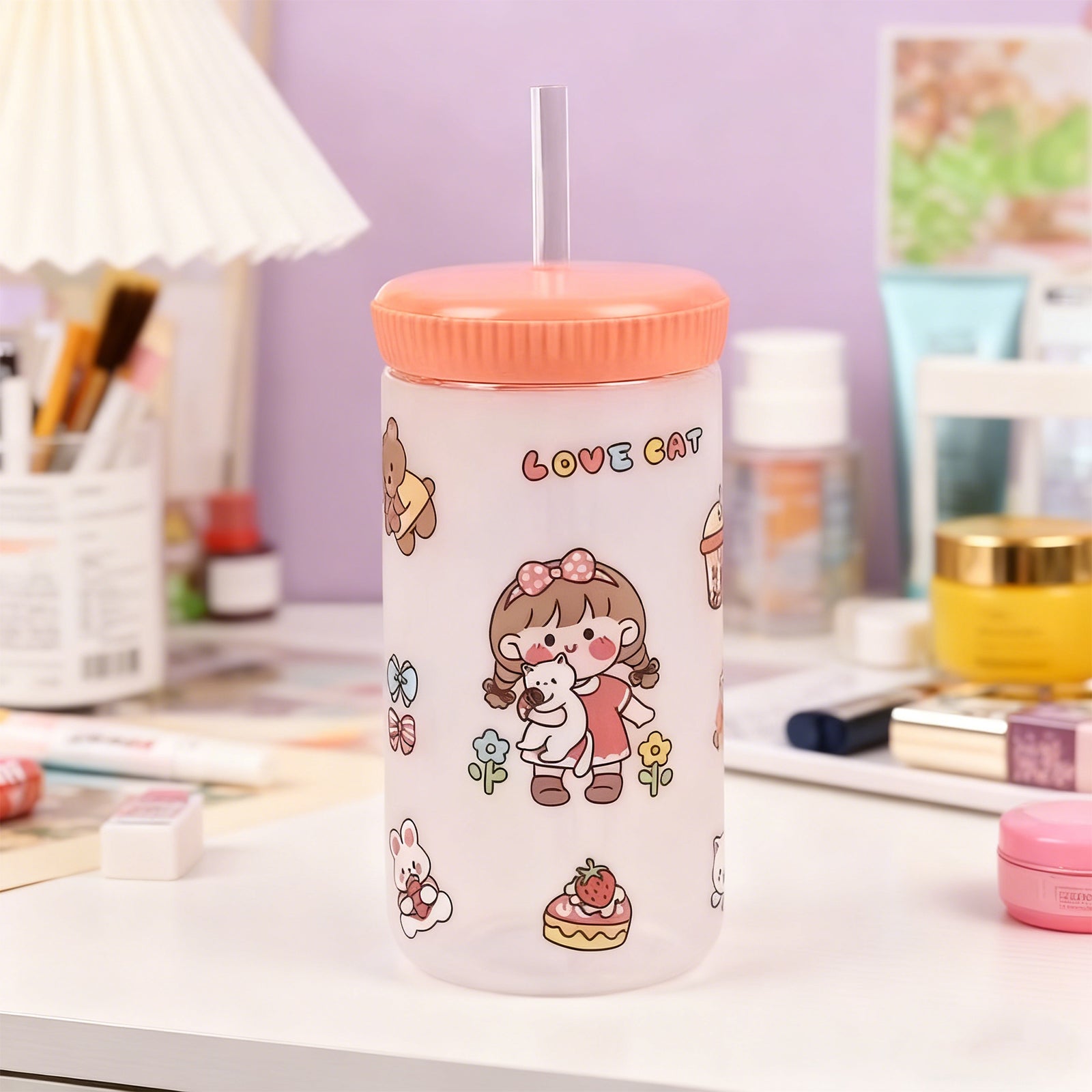500ml Cartoon Straw Water Bottle Pink Kids Drink Bottle