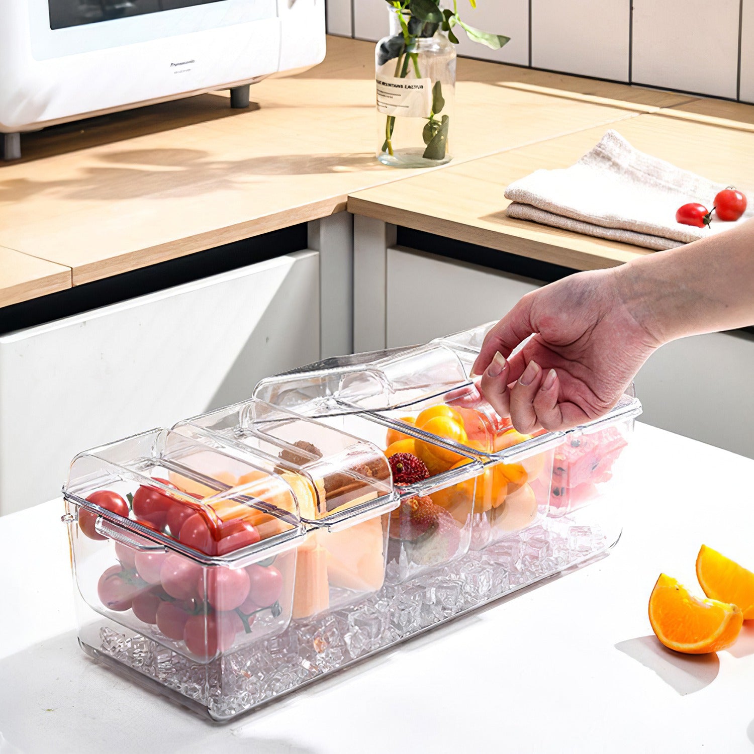 Ice Chilled Condiment Caddy Serving Tray with 5 Containers